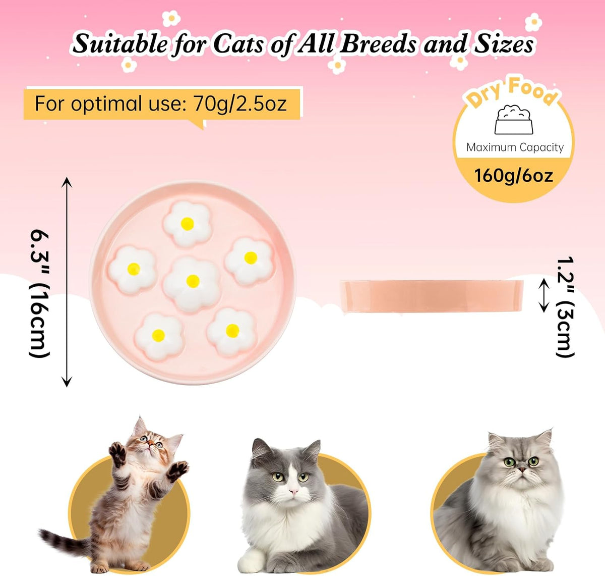 Ceramic Slow Feeder Cat Bowl, 6.3" Whisker Friendly Anti-Vomit - White - image 2
