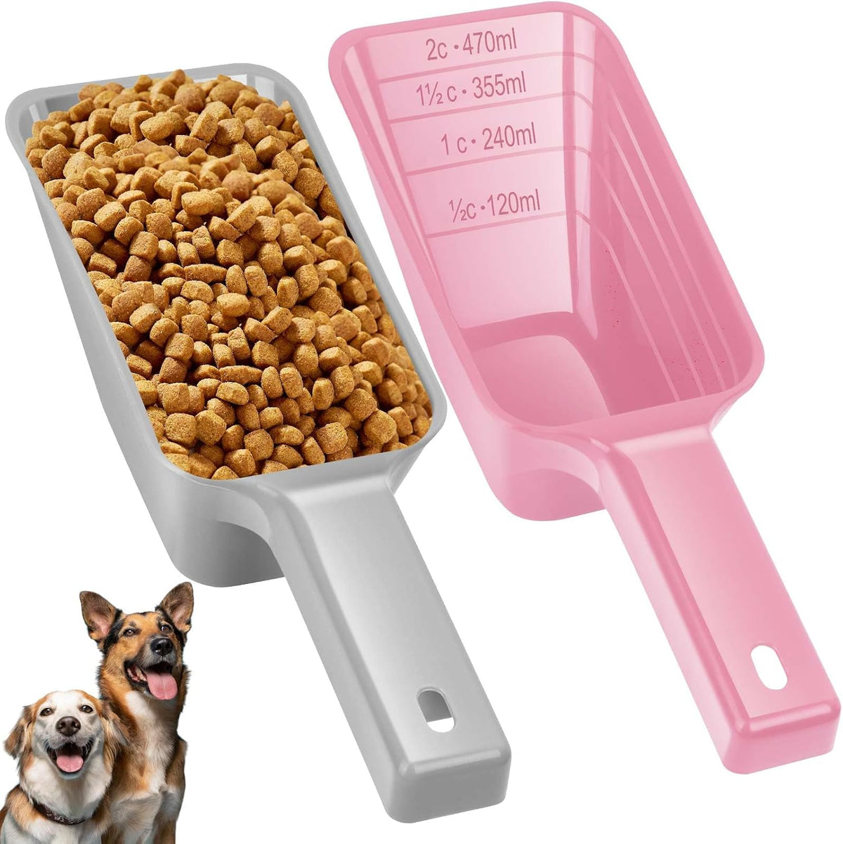 2 Cup Dog Food Scoop, Plastic Pet Food Scoop with Measuring Lines for Accurate Pet Food - Pink and Grey