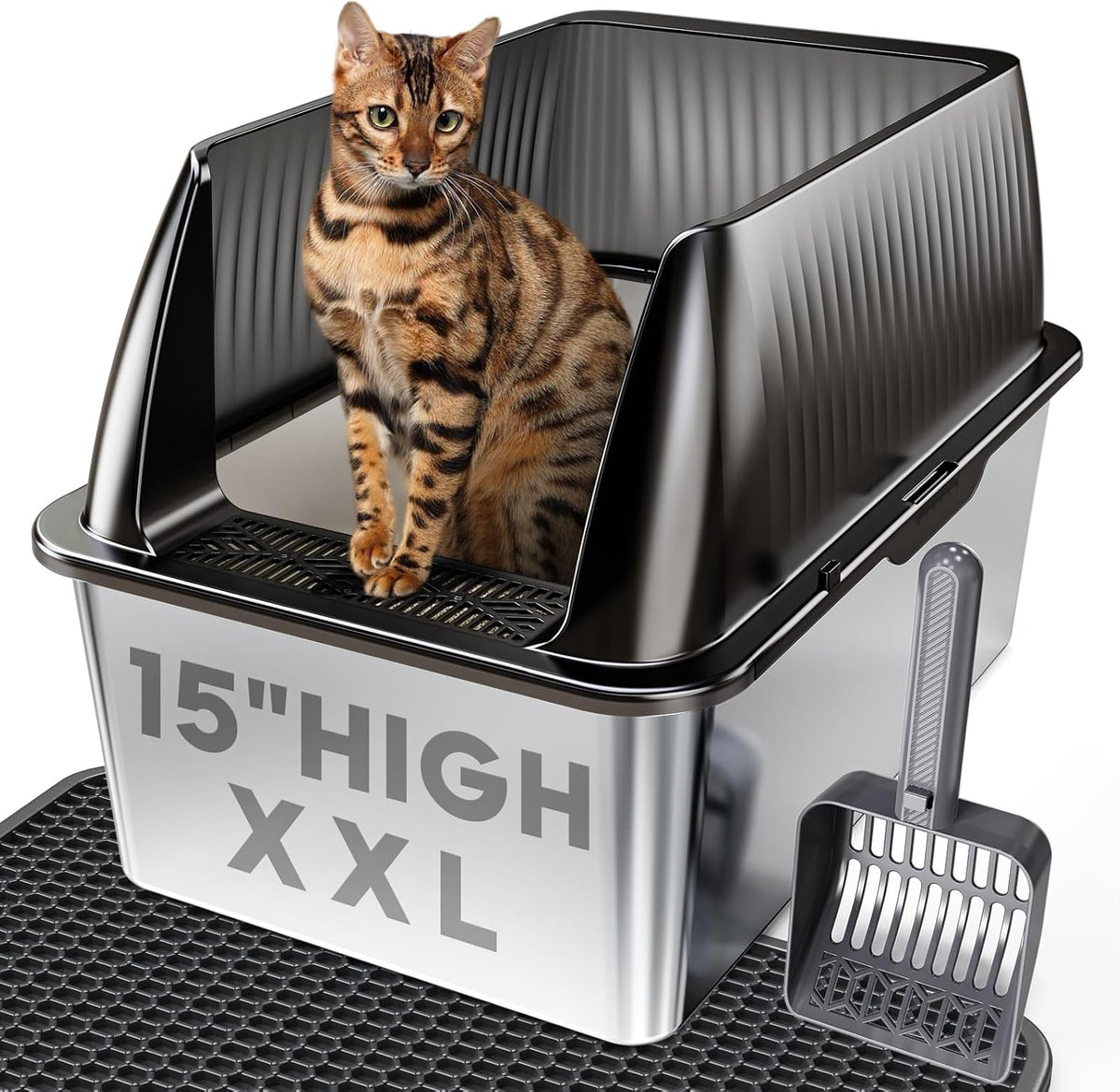 Tripamin 15”Stainless Steel Cat Litter Box Enclosure - Translucent Black / XX-Large #2