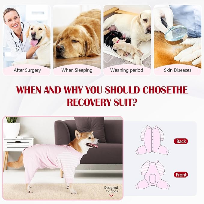 Dog Recovery Suit, Abdominal Wound After Surgery Wear, Anti Licking Bodysuit with Snaps, E-Collar & Cone Alternatives, Long Sleeve Dog Spay Surgical Pajamas Prevent Shedding(2XL, Pink)