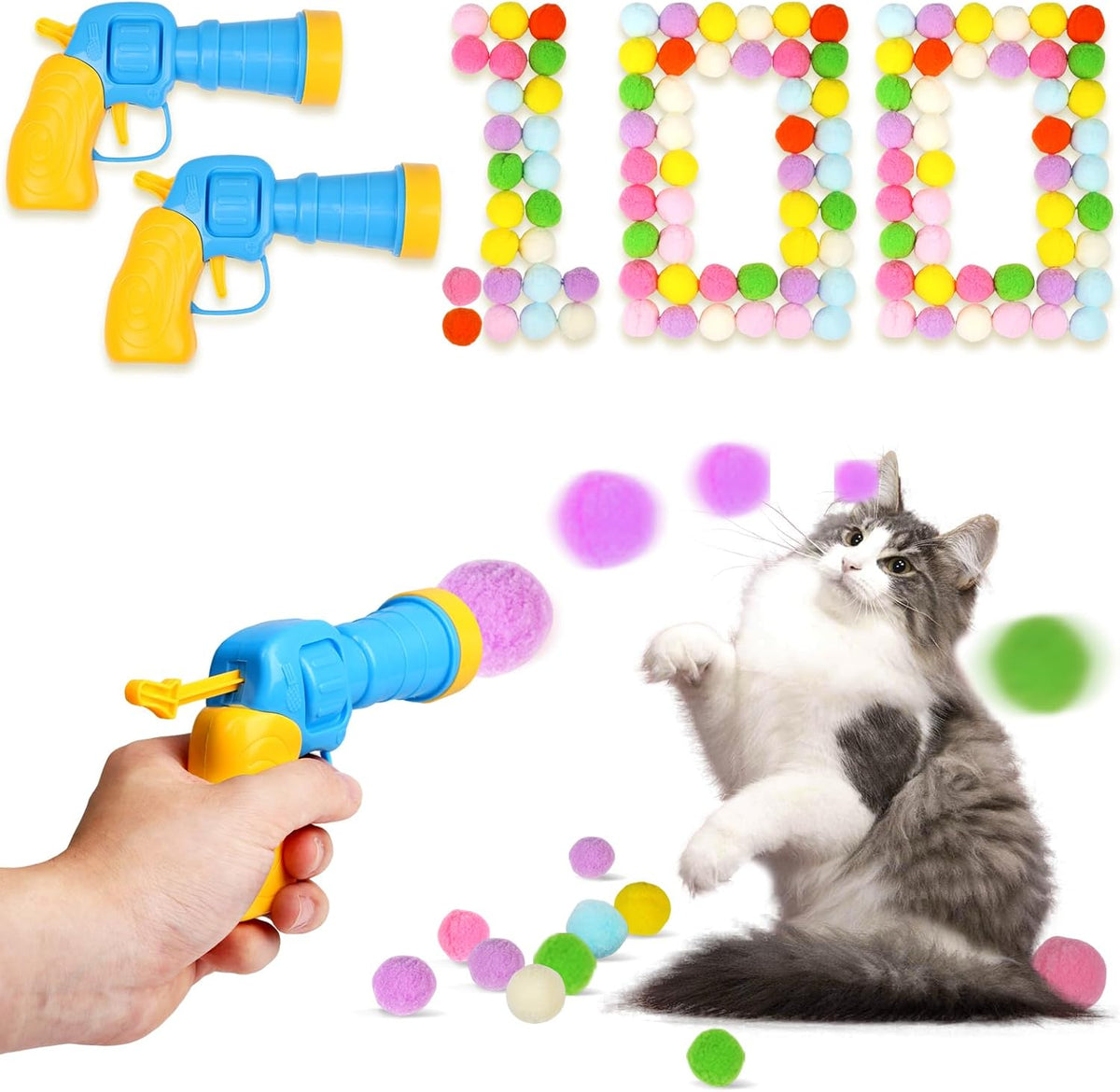 TEAWOO 50Pcs Cat Toys Pom Pom Balls with 1 Launcher Set - 2 launchers & 100 balls