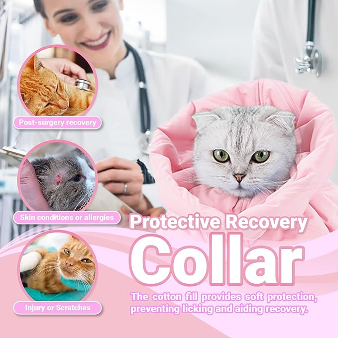 Cat Recovery Collar, Soft Adjustable Cone for Cats and Kittens, Lightweight Waterproof Elizabethan Collar for After-Surgery Care, Prevent Licking and Scratching, Neck Protector for Pets（Pink,S）
