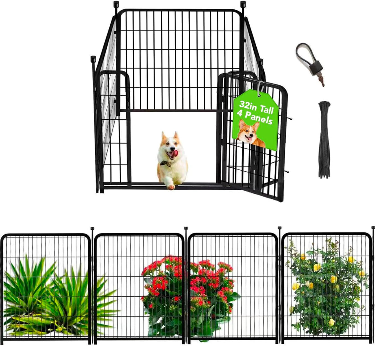 Dog Playpen 48 inch 8 Panels Total 17.7 Ft Dog Fence Outdoor - 32''(H)-4panels-8.9ft(L)