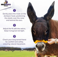 Donkey Fly Mask with Long Ears (Black) Made in USA - Mule Fly Mask with Ears Protection from Insects and Bugs, Small Donkey Soft Mesh Fabric with Adjustable Fastener, Face Cover Supplies for Donkeys