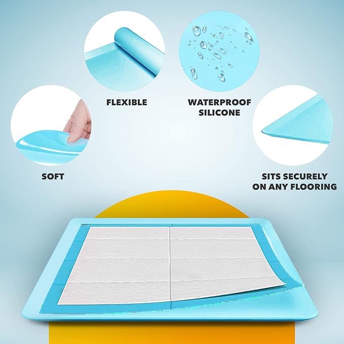TidyFriend 2 Pack Dog Pee Pad Holder Tray Fits for 24” x 24” Wee Wee Pee Pads - Stable Grip, Raised Edges, Quick-Wipe Silicone Surface Dog Potty Tray Holder for Indoor Flooring Protection (Sky Blue)