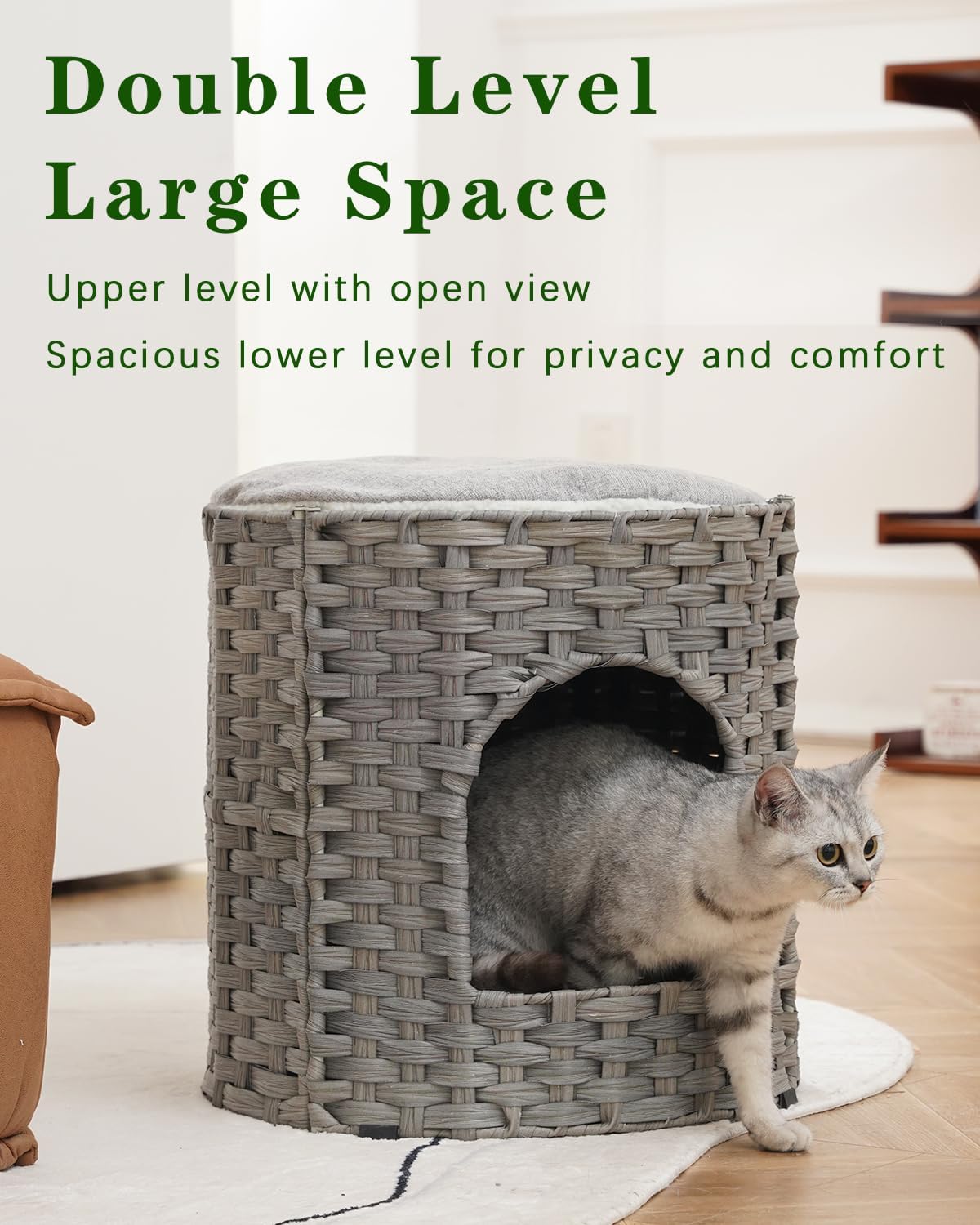 Cat Beds Indoor Kitten House, PE Rattan Cat Cave - Gray / Round-XL - image 2