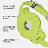 Soft Leather Cat Collar with Safety Elastic Strap - 6-7 Inch (AirTag Holder) / Lime Green - image 3