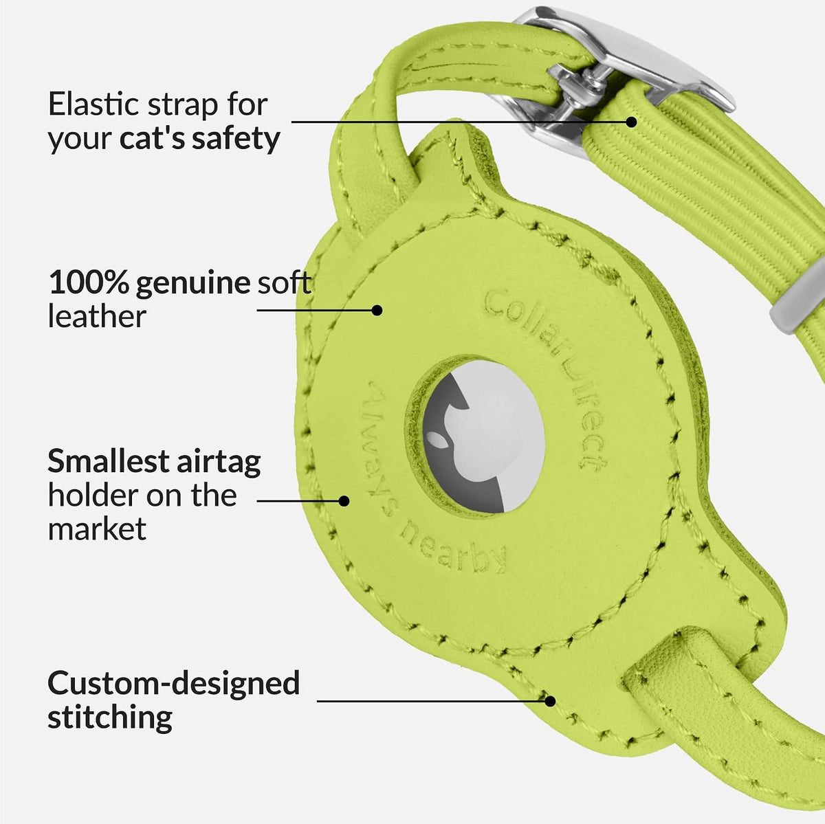 Soft Leather Cat Collar with Safety Elastic Strap - 6-7 Inch (AirTag Holder) / Lime Green - image 3