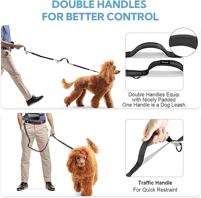 Hands Free Dog Leash with Pouch, Double Leash for Two Dogs, Retractable Bungee with Double Padded Handles, Dog Waist Leash for Dog Walking,Dog Walking Accessories,Black Grey