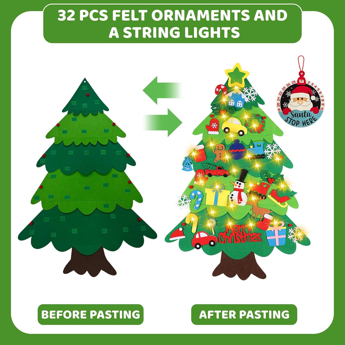 Onekka felt Christmas tree for kids on a wall with felt ornaments and string light - view 6
