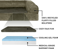 Furhaven Cooling Gel Dog Bed for Large Dogs w/ Removable Bolsters & Washable Cover, For Dogs Up to 125 lbs - Faux Fur & Velvet Sofa - Dark Sage, Jumbo Plus/XXL