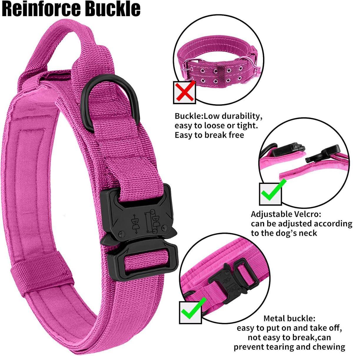 Tactical Dog Collar - Dog Collar with Control Handle for Medium Large Dogs – Essentials for Dogs - Pink / L - image 3