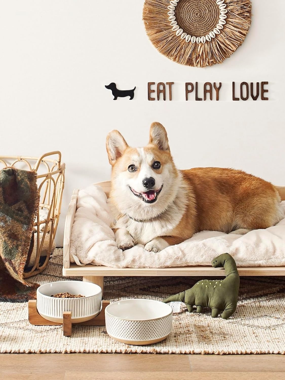 Ceramic Dog and Cat Bowl Set with Acacia Wood Stand - M-4 Cups / Lines+Dot - image 2