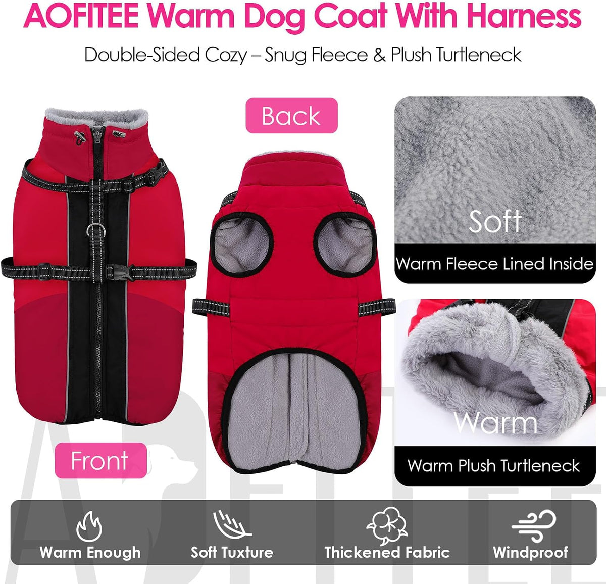 Large Dog Coat Waterproof Dog Winter Jacket with Harness TurquoiseL – Essentials for Dogs - Red / XX-Large - image 2