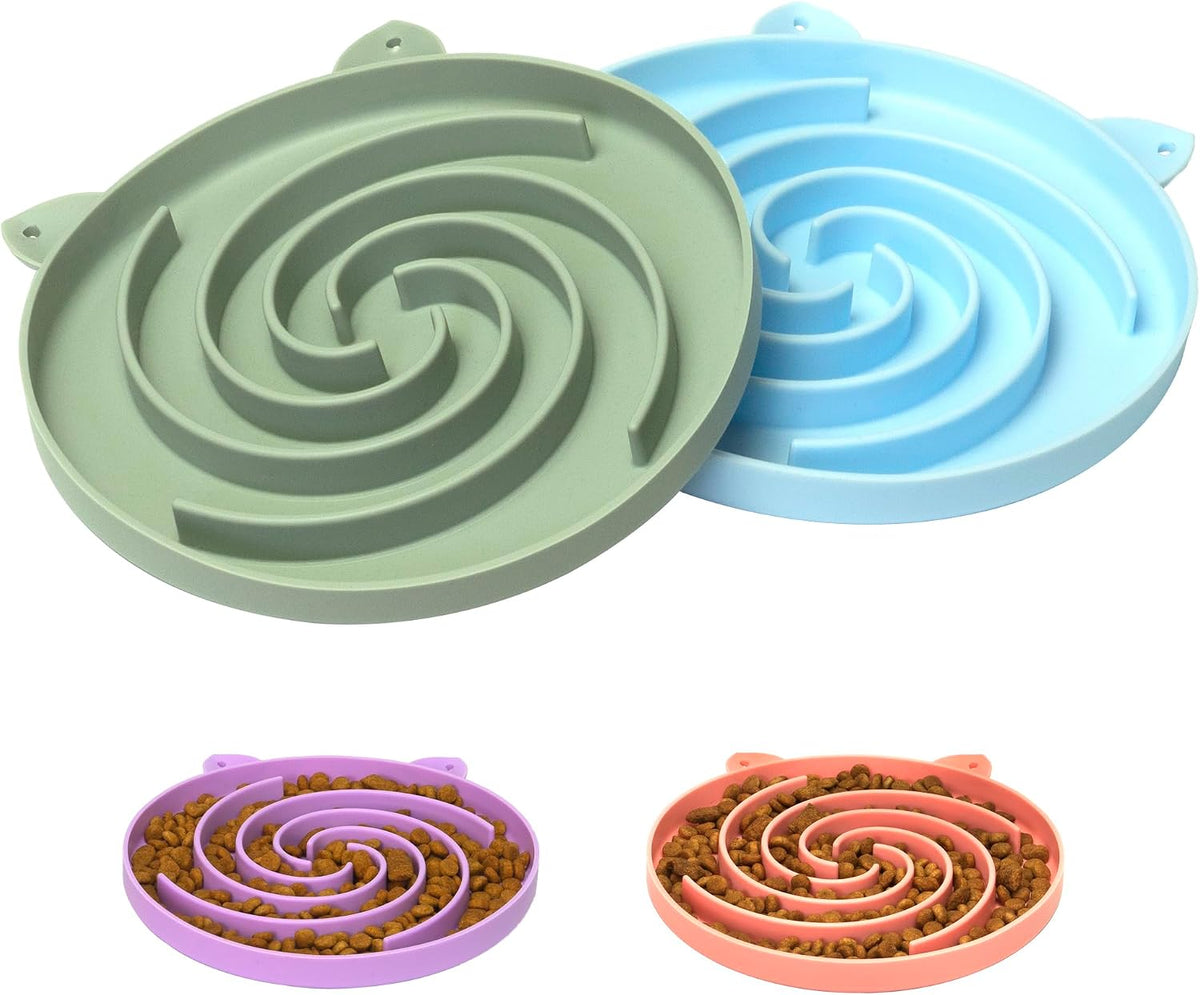 Slow Feeder Cat Bowl, Easy to Clean Silicone Bowl - Green and Blue