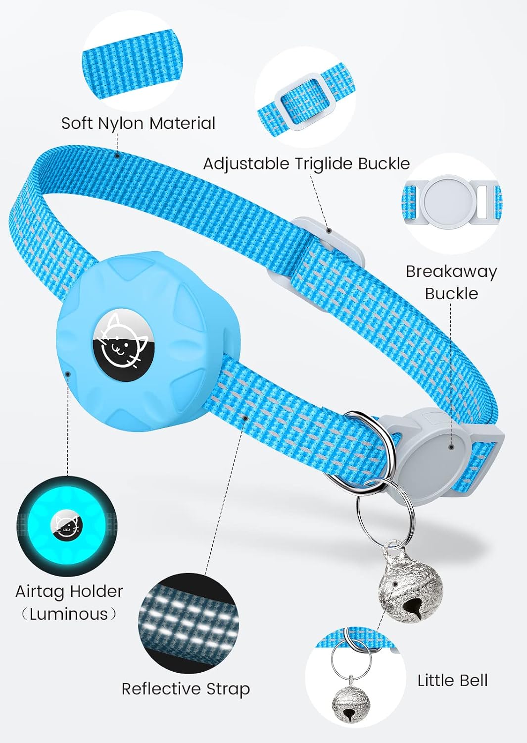 AirTag Cat Collar, Reflective Kitten Collar Breakaway – Essentials for Cats - Luminous blue - image 3