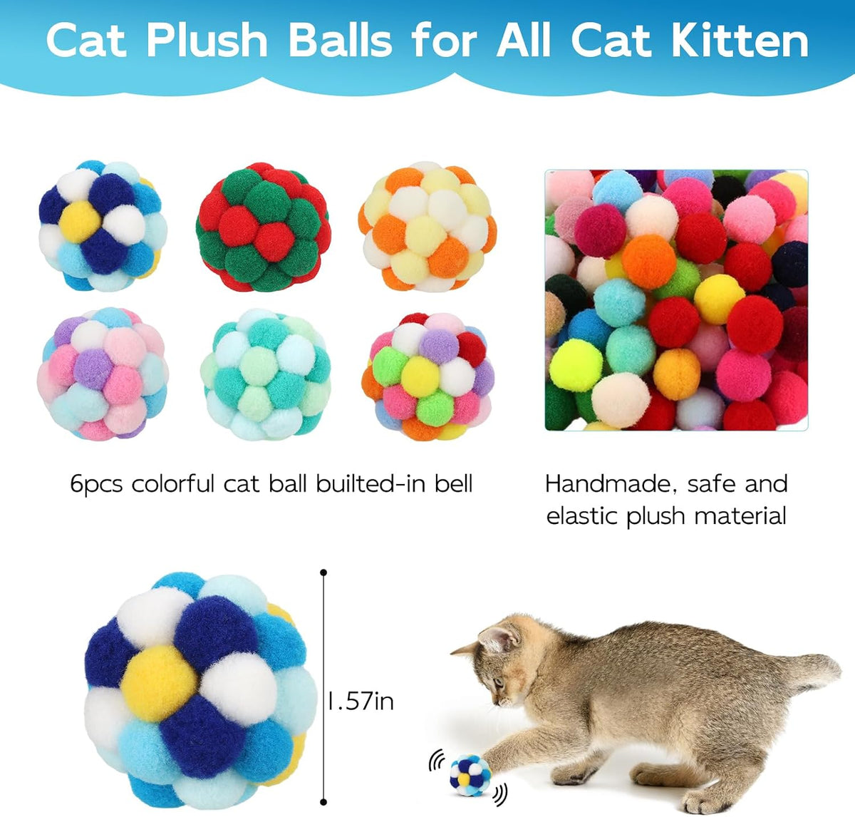 TUSATIY Cat Toy Balls with Bell 3PCS - 6Pack Colorful - image 3