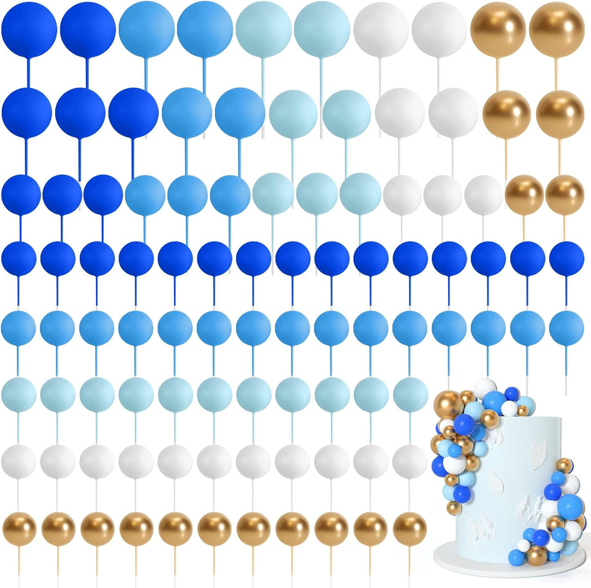 75 Pieces Cake Balls Topper Decorations Foam Cupcake Topper Mini - Blue Gold White Series