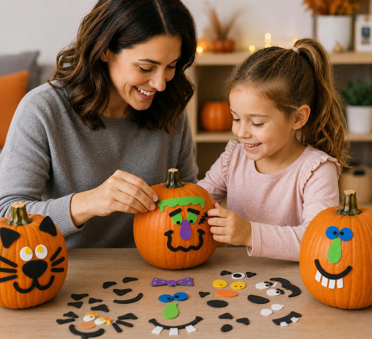 Fun Express 12 piece foam pumpkin decorating craft kit with self-adhesive character face pieces - view 3