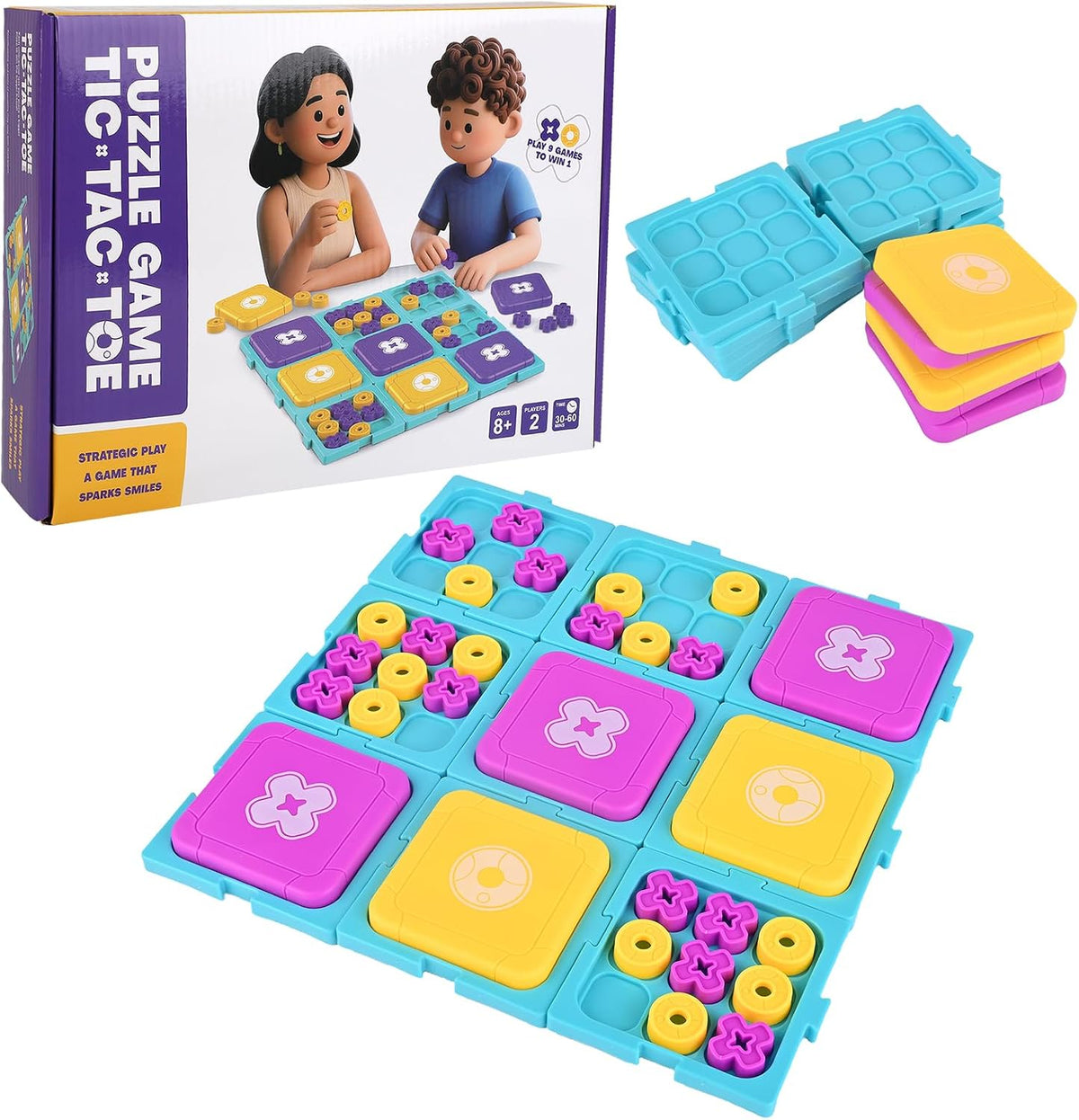 Tic Tac Toe Board Game, Classical Family Board Game – Fun for Kids & Family - Purple/Yellow