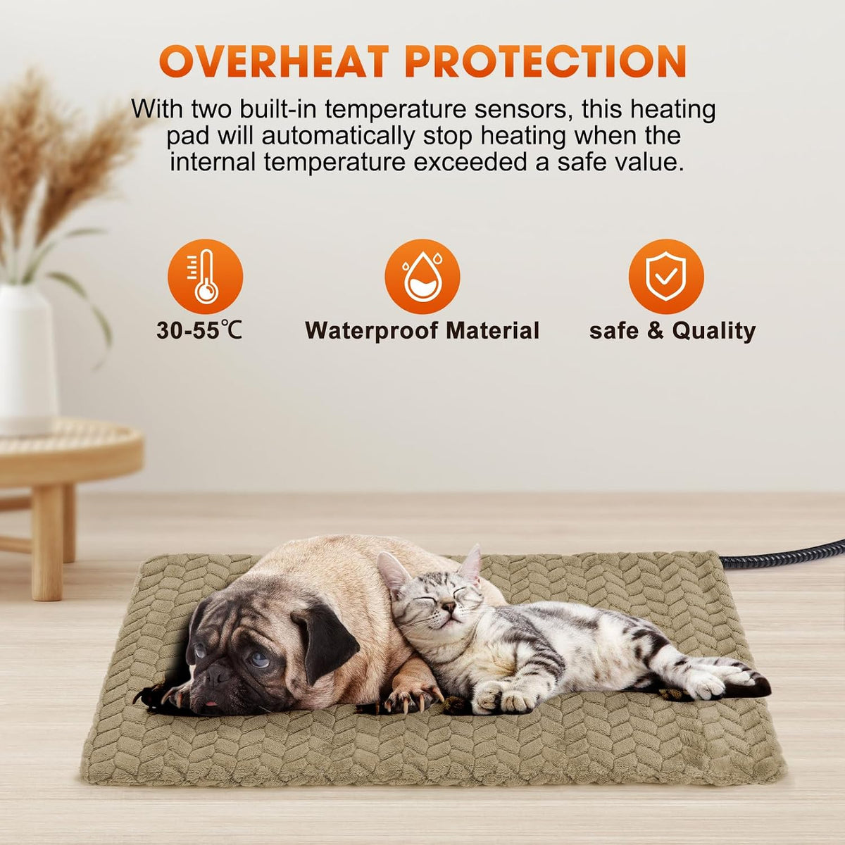 Heated Cat Bed, Waterproof Cat Heating Pad with Timer Temperature Adjustable, Indoor Heated - Brown / Large(35"x24") - image 3