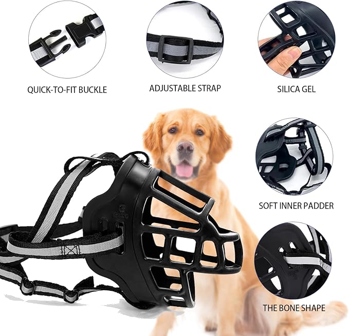 Dog Muzzle, Breathable Basket Muzzles for Small Medium Large Sized Dogs, Adjustable Humane Cage Mouth Cover for Scavenging Grooming Biting Chewing, Allows Panting and Drinking(Soft Rubber, M)