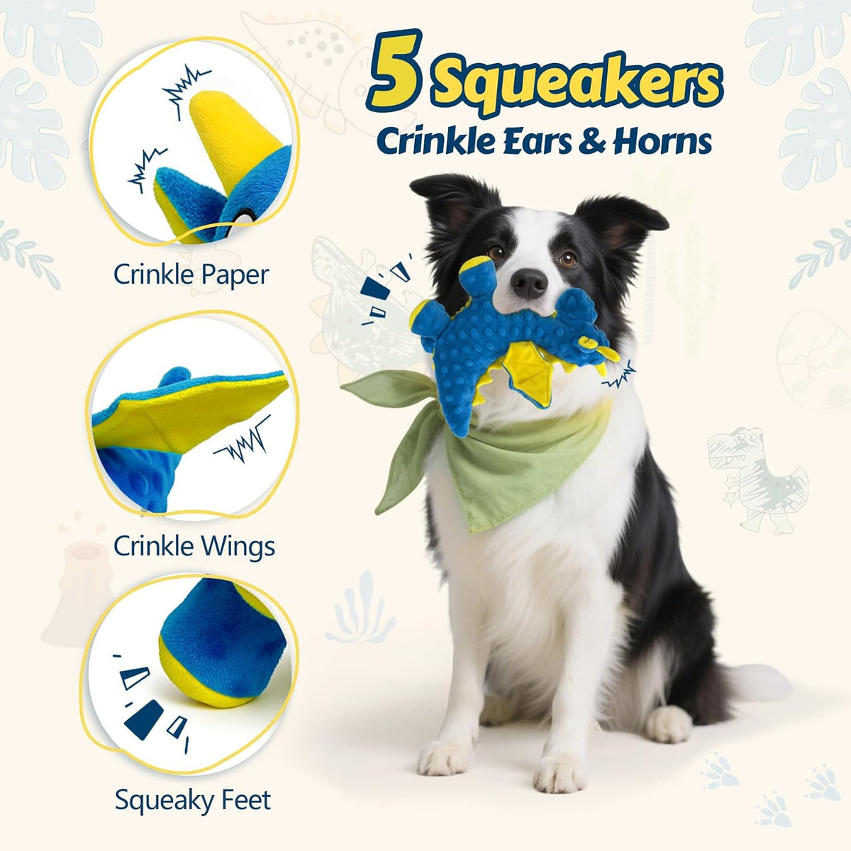 Squeaky Dog Toy, Plush Dragon with 5 Squeakers and Crinkle Wings - Blue - image 2