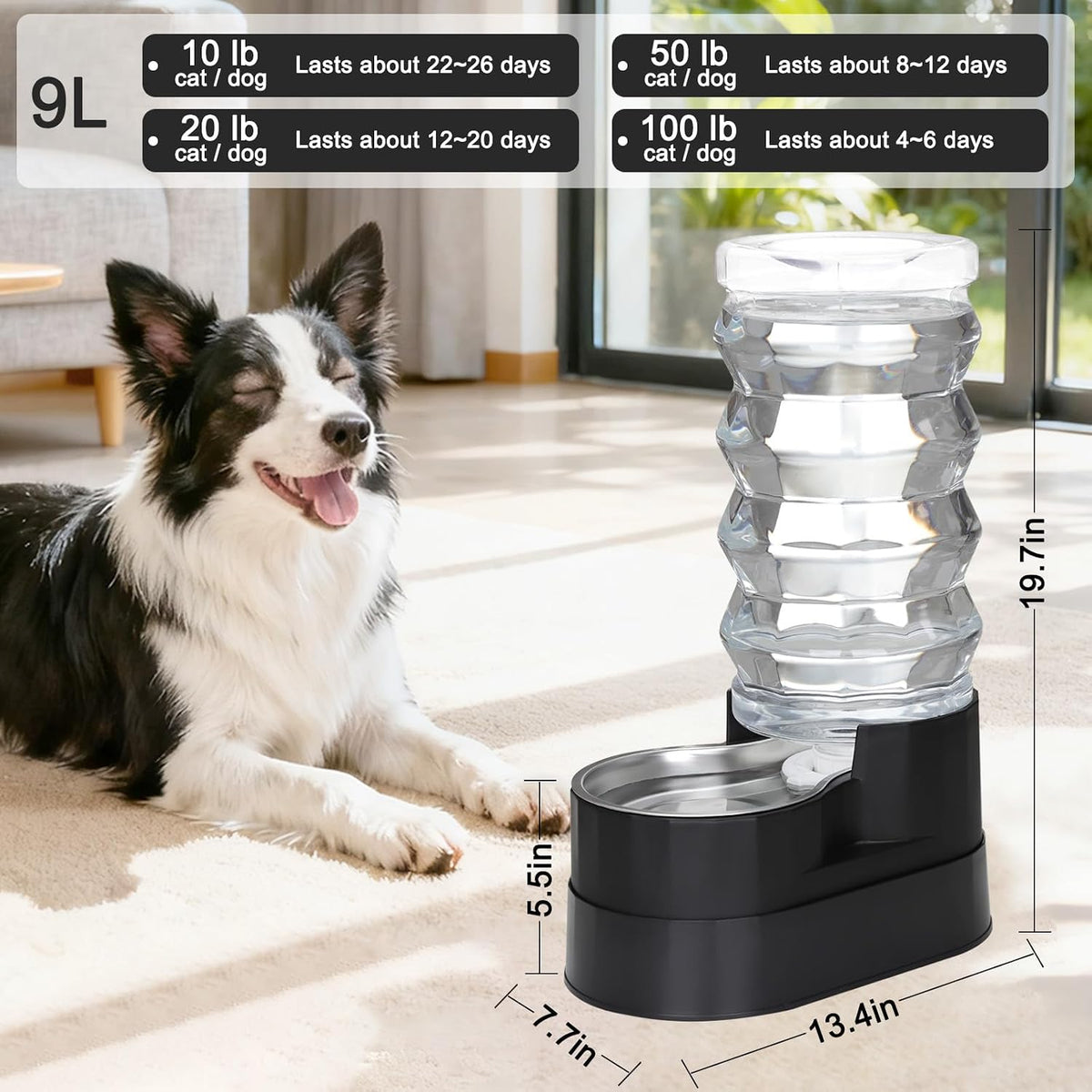 RIZZARI 8L Elevated Dog Water Dispenser: Gravity Waterer for Large - Jet Black / 9L - image 2