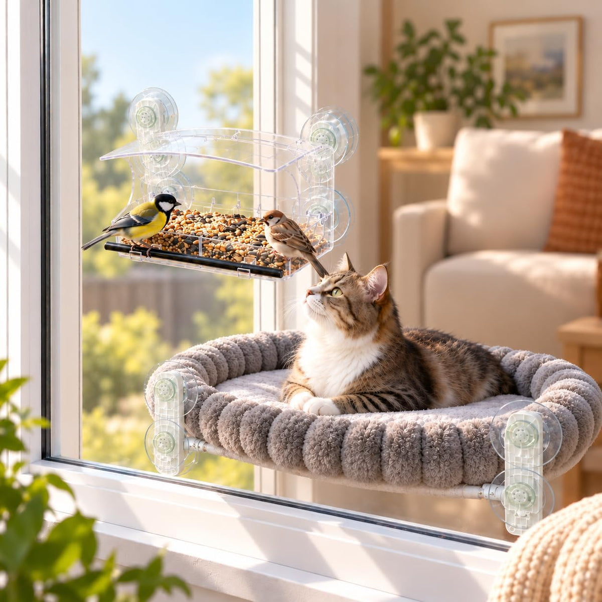 Cat Window Perch with Bird Feeder - L