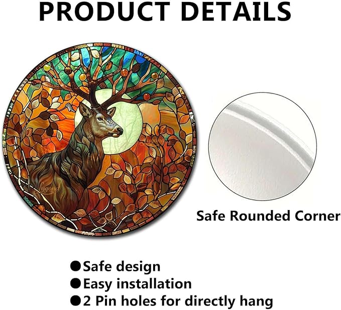 Lygond Metal Sign Tin Sign Circular Stained Glass Deer Vintage Metal Sign for Garage 8×8 Inches