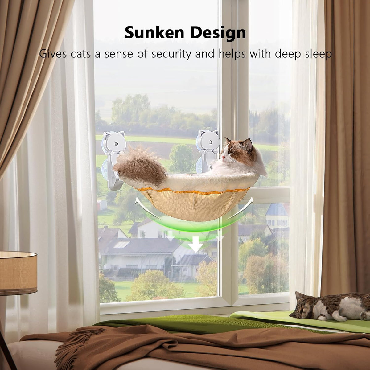 Cat Window Perch Cordless, Foldable & Stable Cat Beds - Faux Rabbit Fur / Cream - image 2