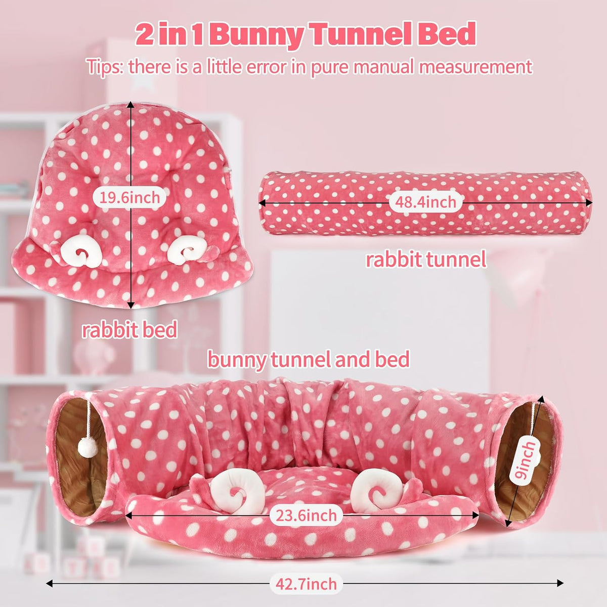 Bunny Tunnel Bed, 2-in-1 Collapsible Rabbit Tunnel Hideout with Mat – Essentials for Small Pets - Pink - image 2