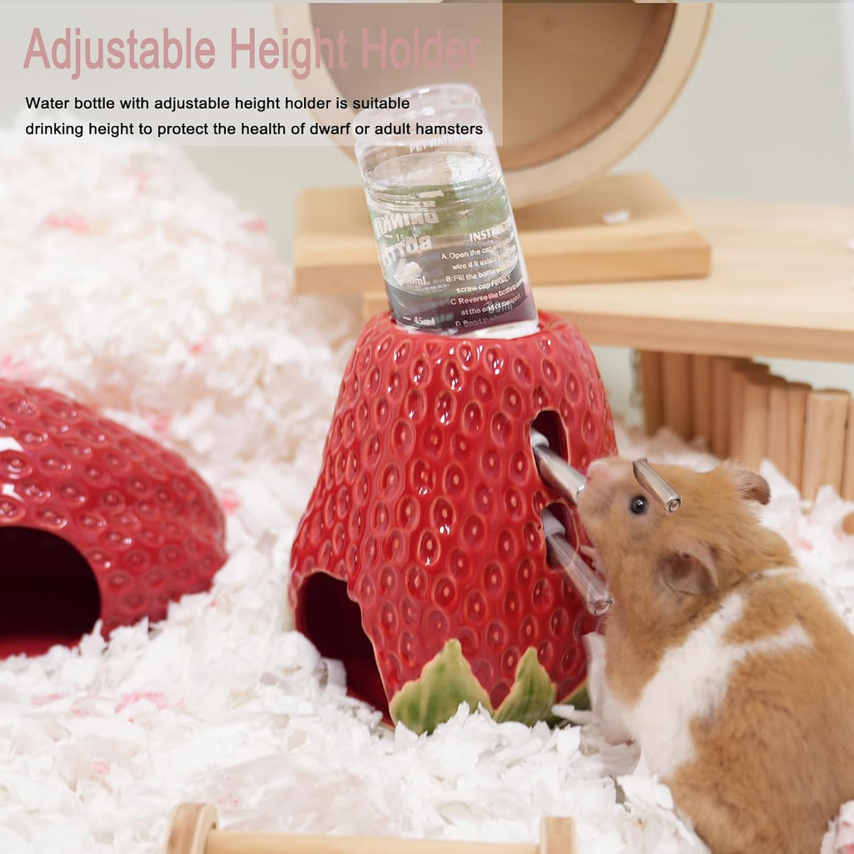 Adjustable No-Drip Pink Strawberry Ceramic Hamster Water Bottle – Essentials for Small Pets - Strawberry -red - image 2