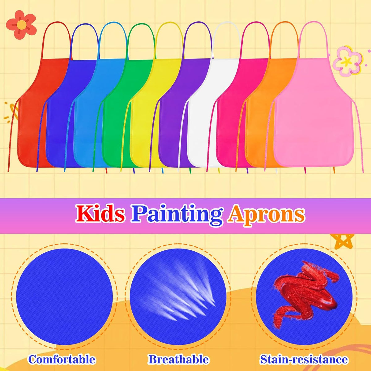 PLULON kids painting aprons in 12 bright colors with ties - view 14