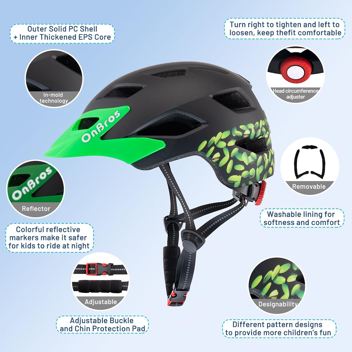 OnBros Kids Bike Helmet Boys Girls Youth Visor Adjustable 50-57CM – Fun for Kids & Family - B-Black Pistachio [NEW] - image 3