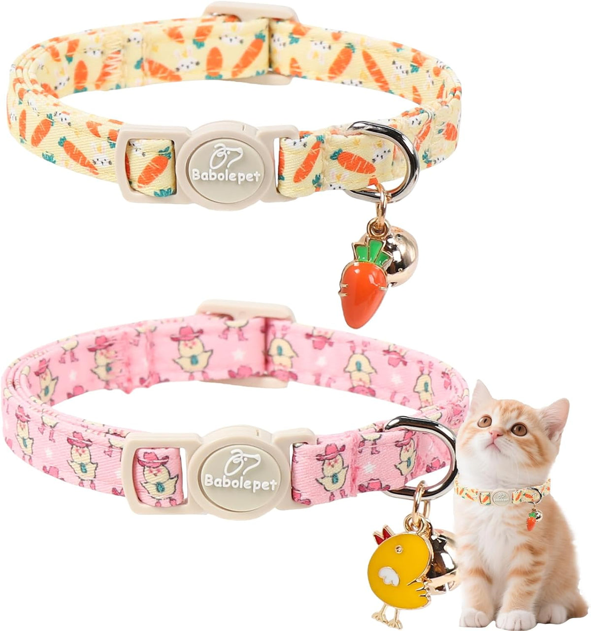 2 Pack Cute Cat Collars - Cartoon Bee Ladybug Breakaway Cat Collar with Bell & Matching Pendant - Chick&Carrot