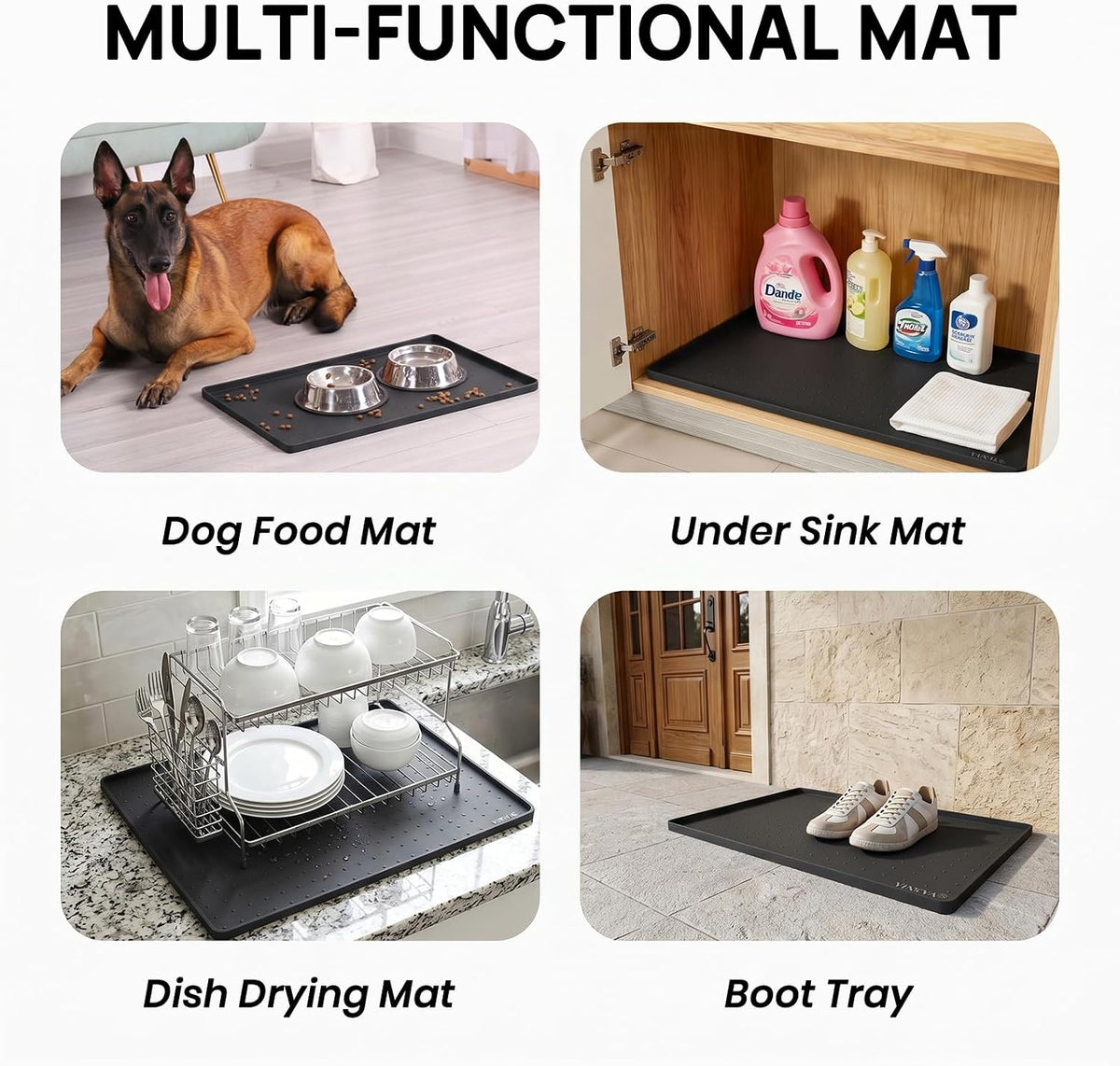 YINEYA 2 Pack Silicone Dog & Cat Food Mat Waterproof 18" x 12" - Black / 24" x 16" - image 4
