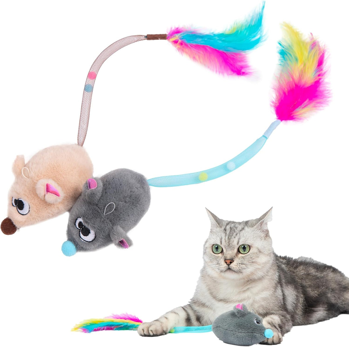 Catify Interactive Cat Toy, Squeaking Mice Set, Beige & Gray - Squeaking Mice Beige & Gray