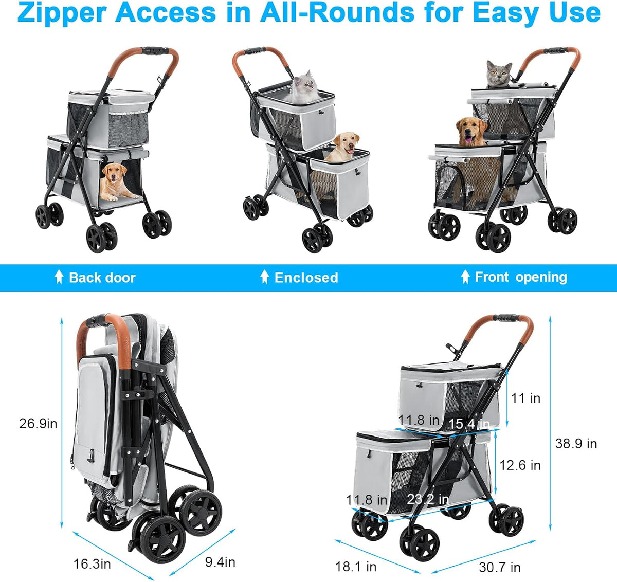 Double Pet Stroller for 2 Dogs & Cats, Double-Decker, Blue – Essentials for Dogs - Gray - image 3