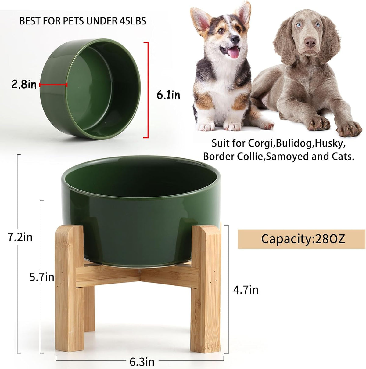 Black Raised/Elevated 15°Slanted Ceramic Dog Bowl for Small Breeds - Rust Green / 3.6 CUPS - Medium Dog Bowls - image 3