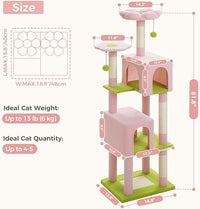 Flower Cat Tree, 62-Inch Large Cat Tower for Multi-Cat Households w/Scratching Posts, Multi-Level Cat Condo w/Cozy Top Perch & Scratching Pad, Padded Platform, 2 Pompoms, Pink