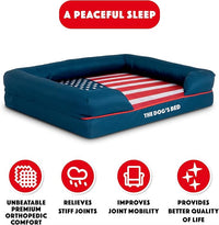The Dog’s Bed, Medium Blue Oxford with Red Trim USA Flag Dog Bed with Central Flag 30x23.5, Memory Foam, Pain Relief, Post Surgery, Waterproof Washable Cover Cover, Veterinary Approved