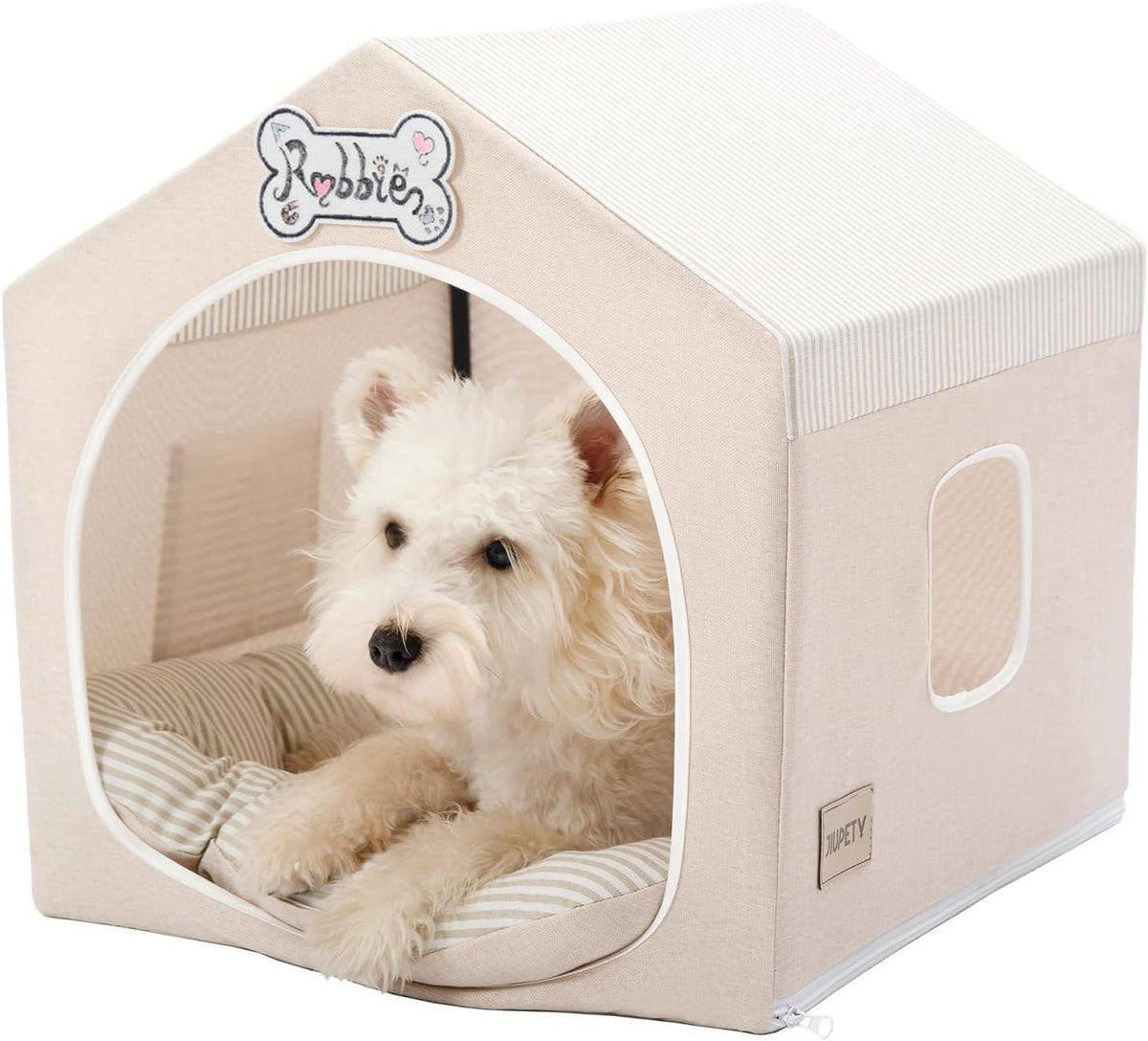 Indoor Dog House with Frame, Cute Dog Tent Bed with Cover Cave - Medium ( 17" × 17" × 17" ) / Beige