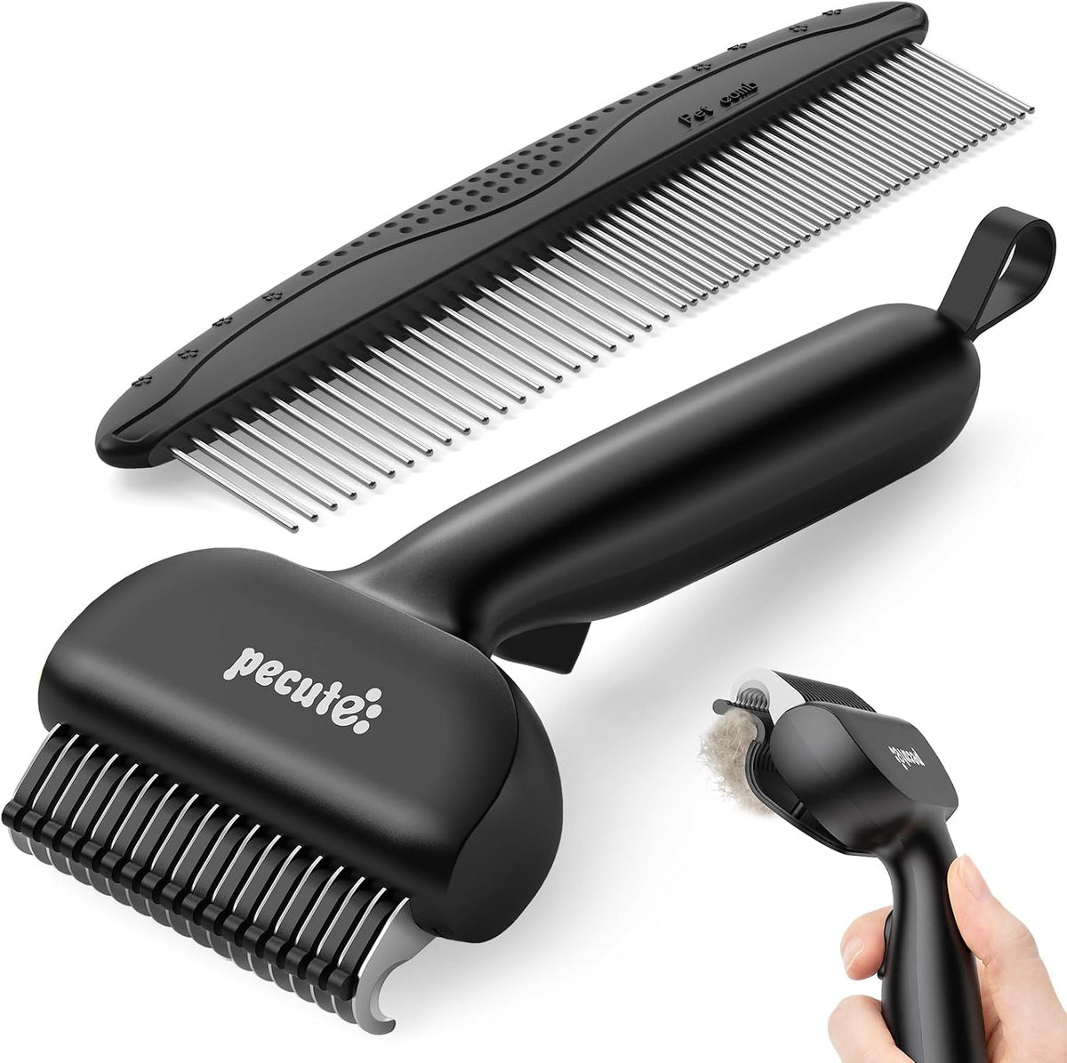 Pecute Self-Cleaning Undercoat Rake for Dogs Cats with Long/Double - Black