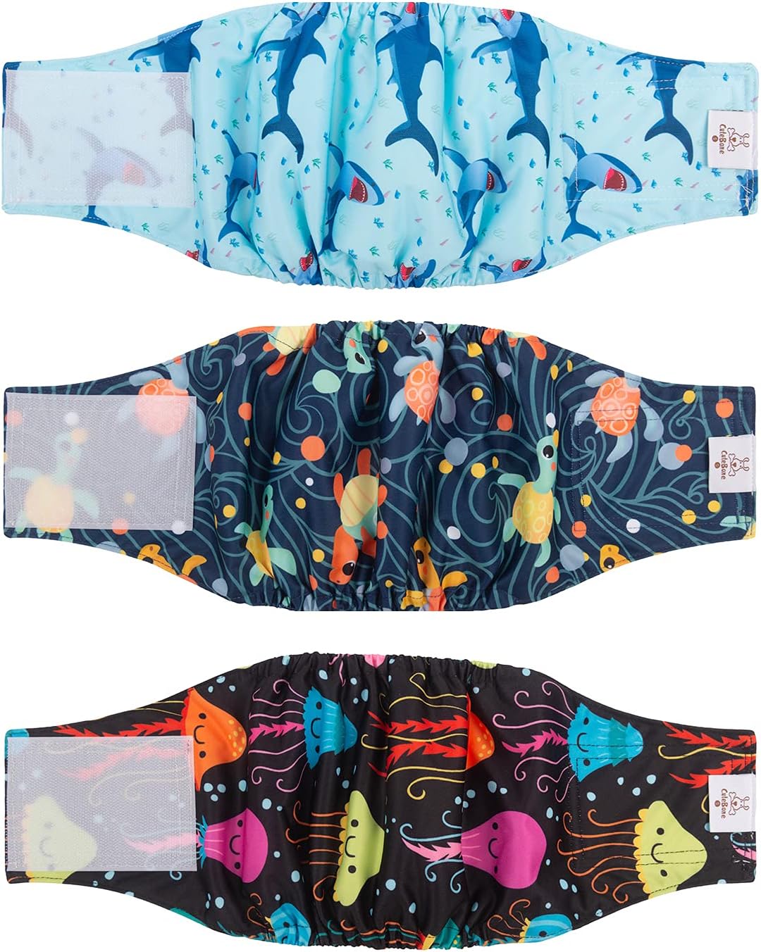 CuteBone Dog Belly Bands for Male Dogs Wraps Washable Doggie Diapers - Turtle&shark&jellyfish / S(11"-14")
