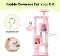 Allewie 64 Inches Cat Tree Tower/Multi-Level Activity Center for Indoor Big Felines/2 Plush Condos/2 Perchs/Basket/House/Sisal Scratching Posts/Hanging Cat Toys/Pink