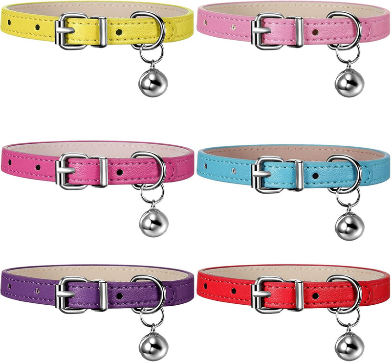 Weewooday 6Pcs Leather Cat Collar with Bell for Small Kitten - Classic Color