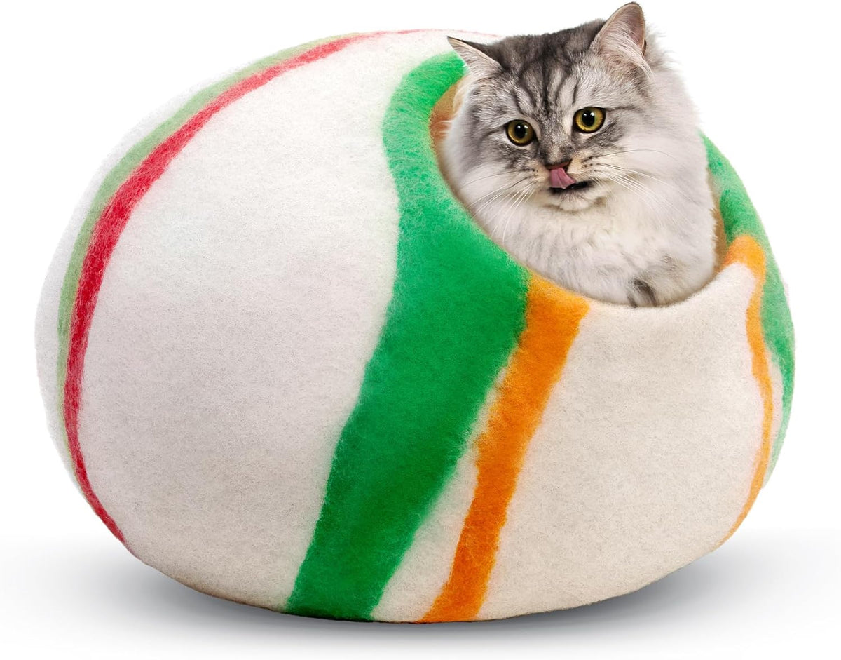 Woolygon Felt Cat Cave Bed, Merino Wool, Handcrafted – Essentials for Cats - Candy Swirl
