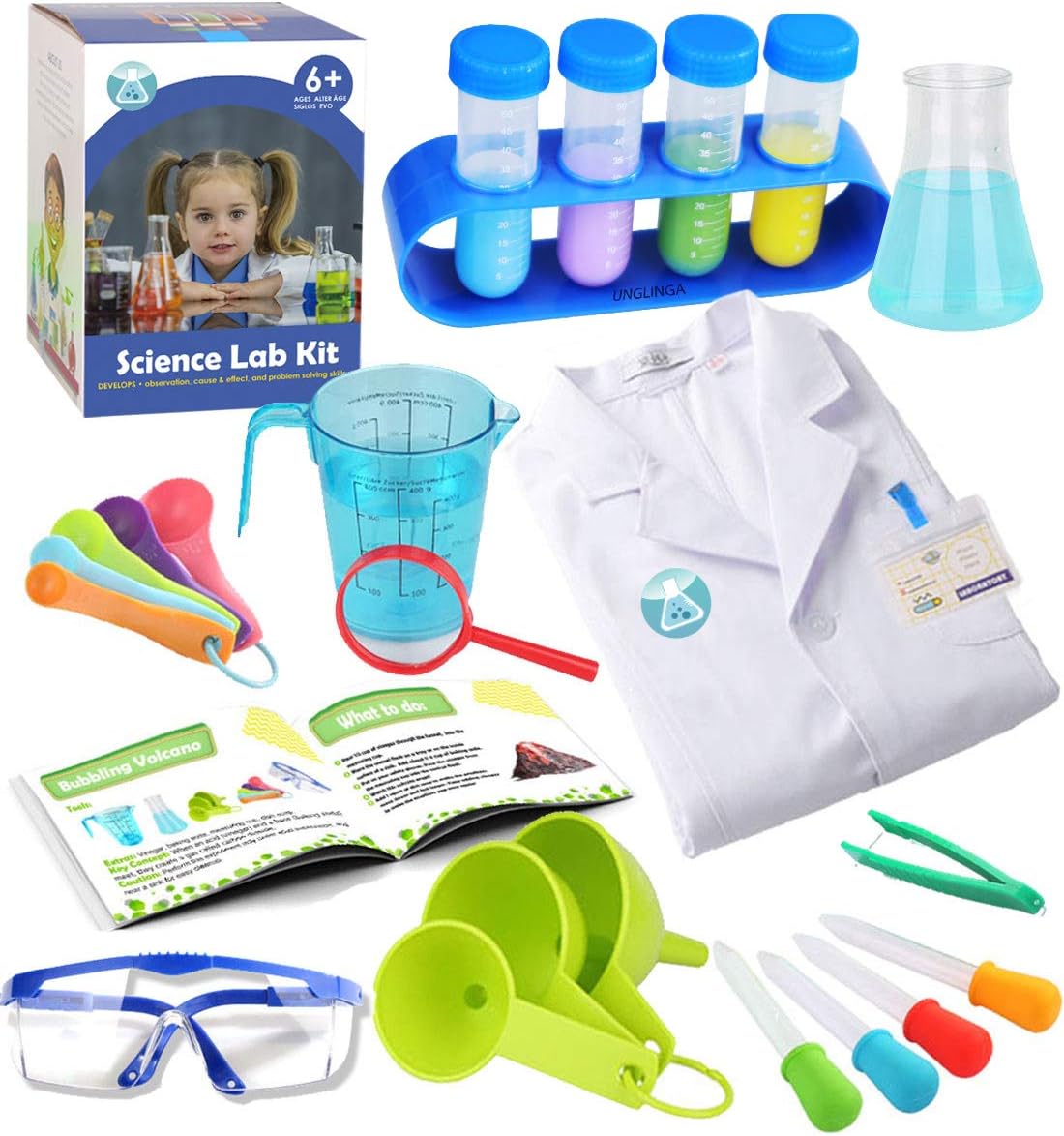 UNGLINGA 70 Lab Experiments Science Kits for Kids Chemistry Set Toys – Fun for Kids & Family - Science kits with tools & lab coat