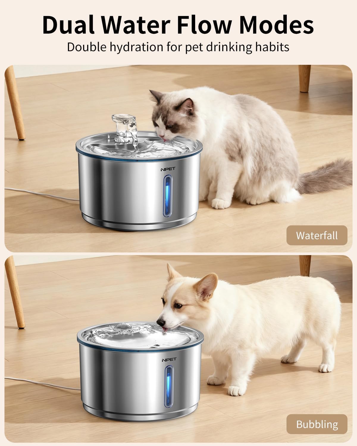 NPET Cat Water Fountain Stainless Steel 1Gal/135oz Automatic Pet - Fountain +8 Filters +8 Sponges - image 4